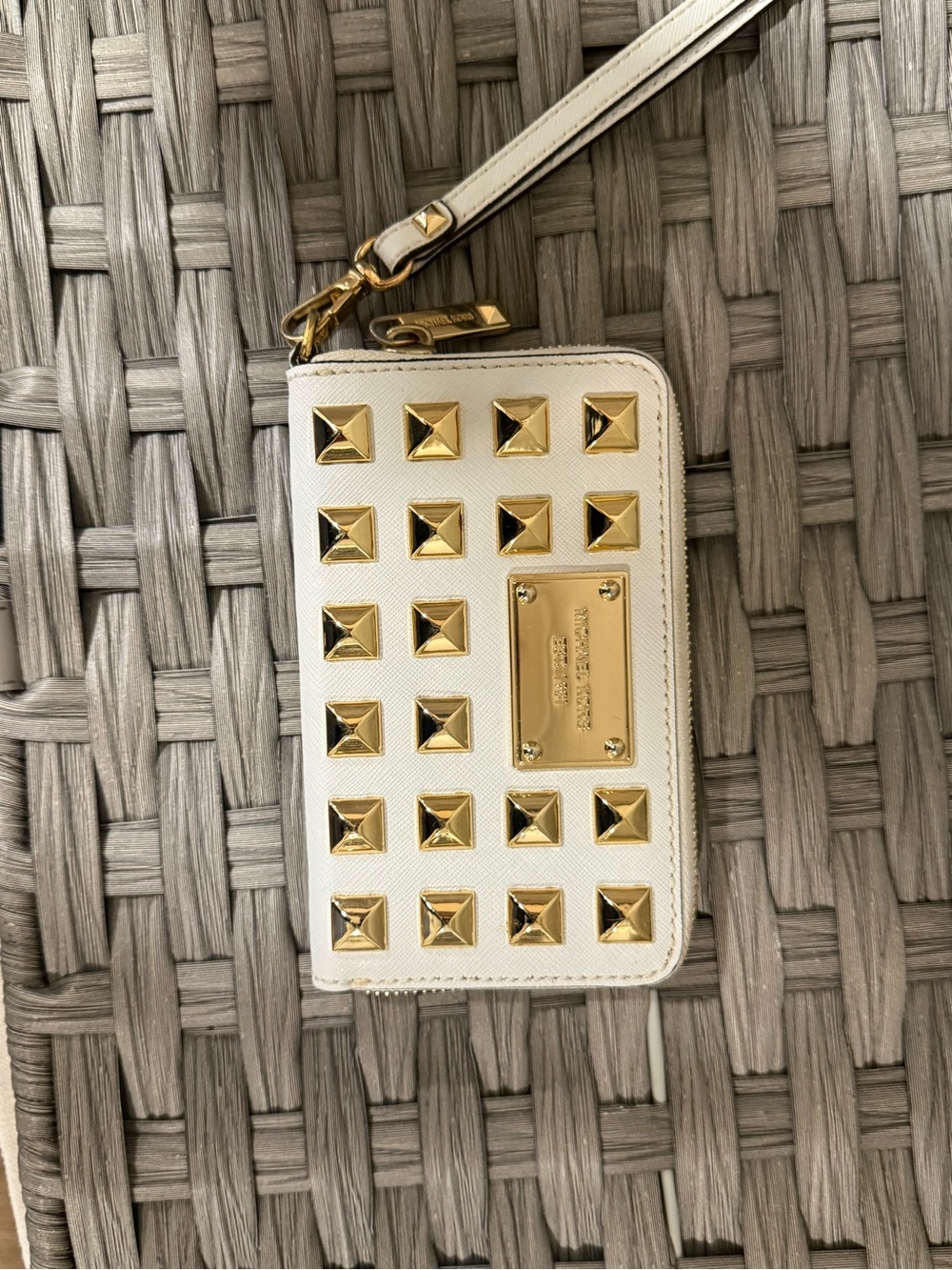 Michael Kors White Gold Studded Zip Around Wristlet Wallet